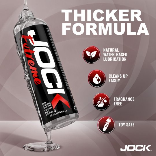 JOCK Extreme lubricant bottle with features listed on a gray background