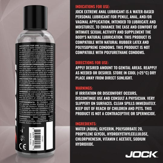 Bottle of Jock Extreme personal lubricant with label on a gray background