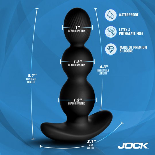 Black silicone butt plug with measurements and features on a blue background, featuring the brand 'JOCK'.