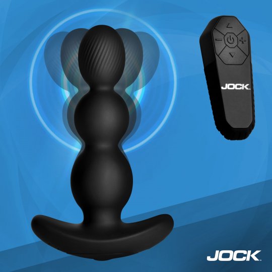 Black electronic device with remote control on a blue background, featuring the Jock brand.
