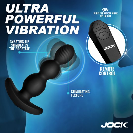 Black prostate stimulator with remote control on a blue background, featuring Jock branding.