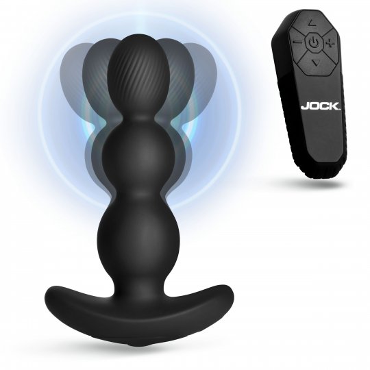 Black silicone butt plug with remote control on a white background