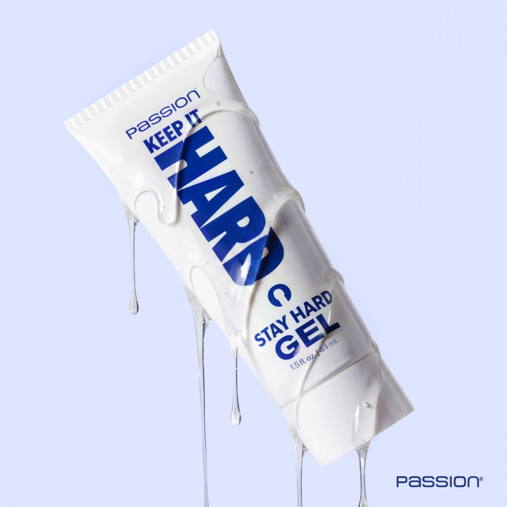 Stay Hard gel packaging with 'Passion' branding on a light blue background