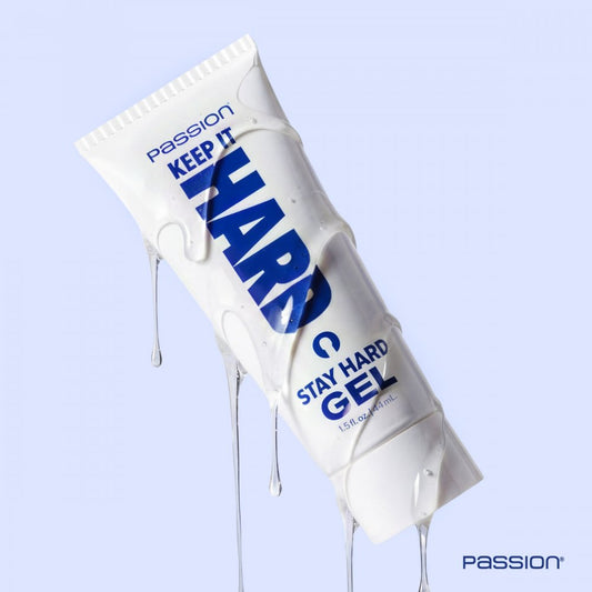 Stay Hard gel packaging with 'Passion' branding on a light blue background