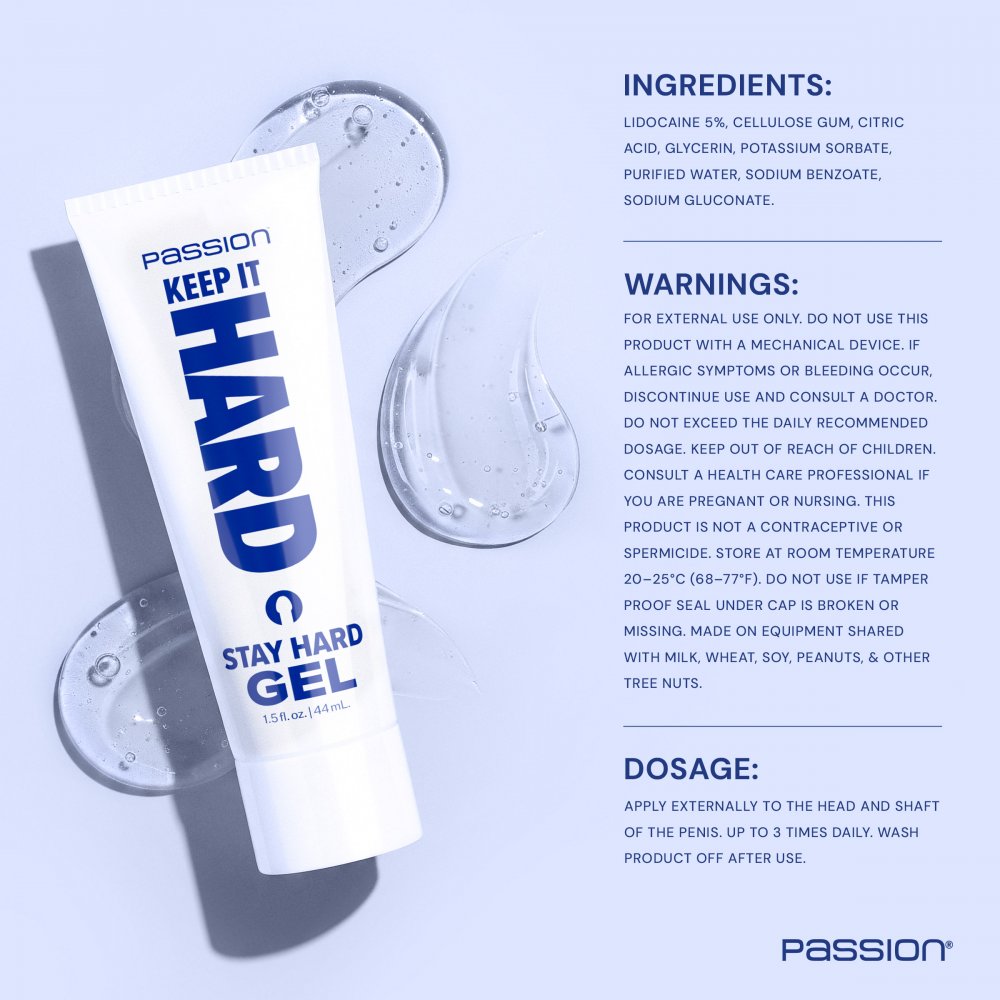 Passion Stay Hard Gel packaging with ingredients, warnings, and dosage information on a light blue background.