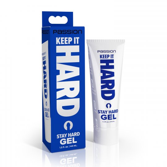 Stay Hard Gel packaging with blue and white design on a white background