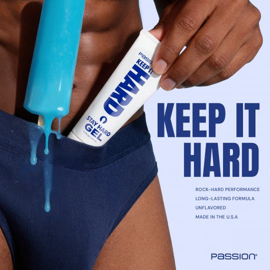Person applying blue gel to a tube labeled 'Stay Hard Gel' with promotional text on a light blue background.
