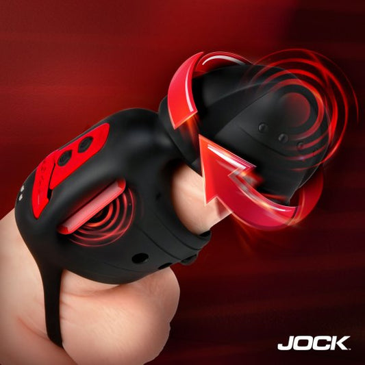 Black and red wristbands with a visible brand logo on a dark background