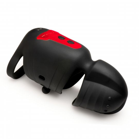 Black and red electronic device on a white background