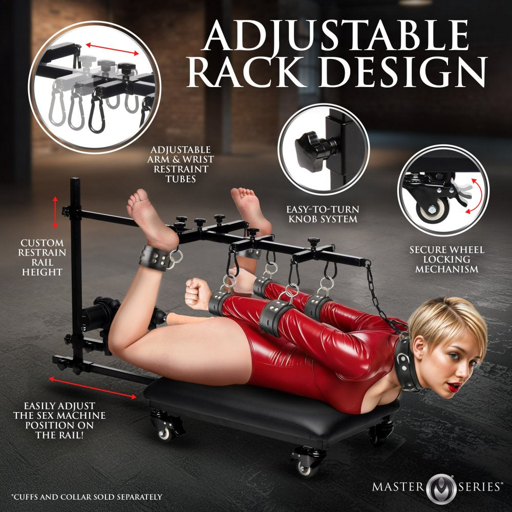 Sexual restraint device with adjustable rack design and a person in red leather restraints.