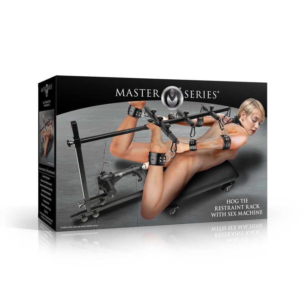Product packaging for a hog tie restraint rack with sex machine, featuring 'Master Series' branding.