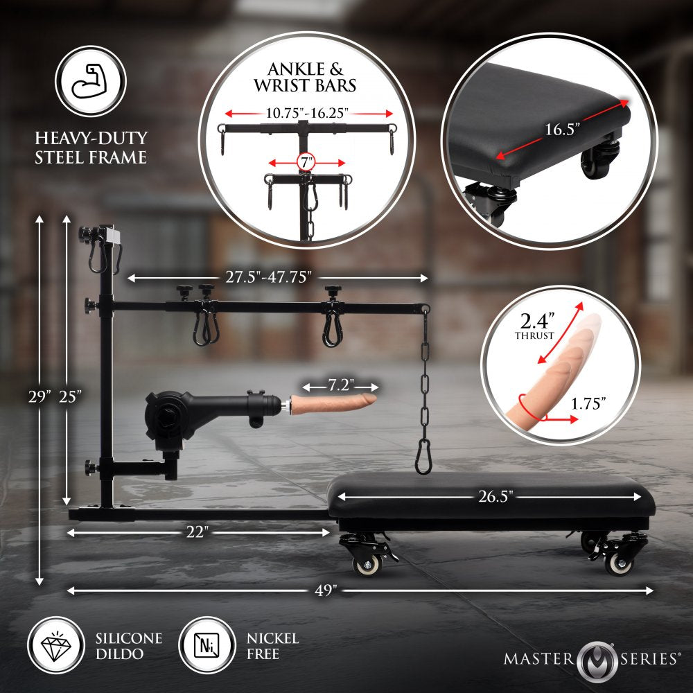 Detailed dimensions and features of a black exercise machine with labeled parts on a blurred background.