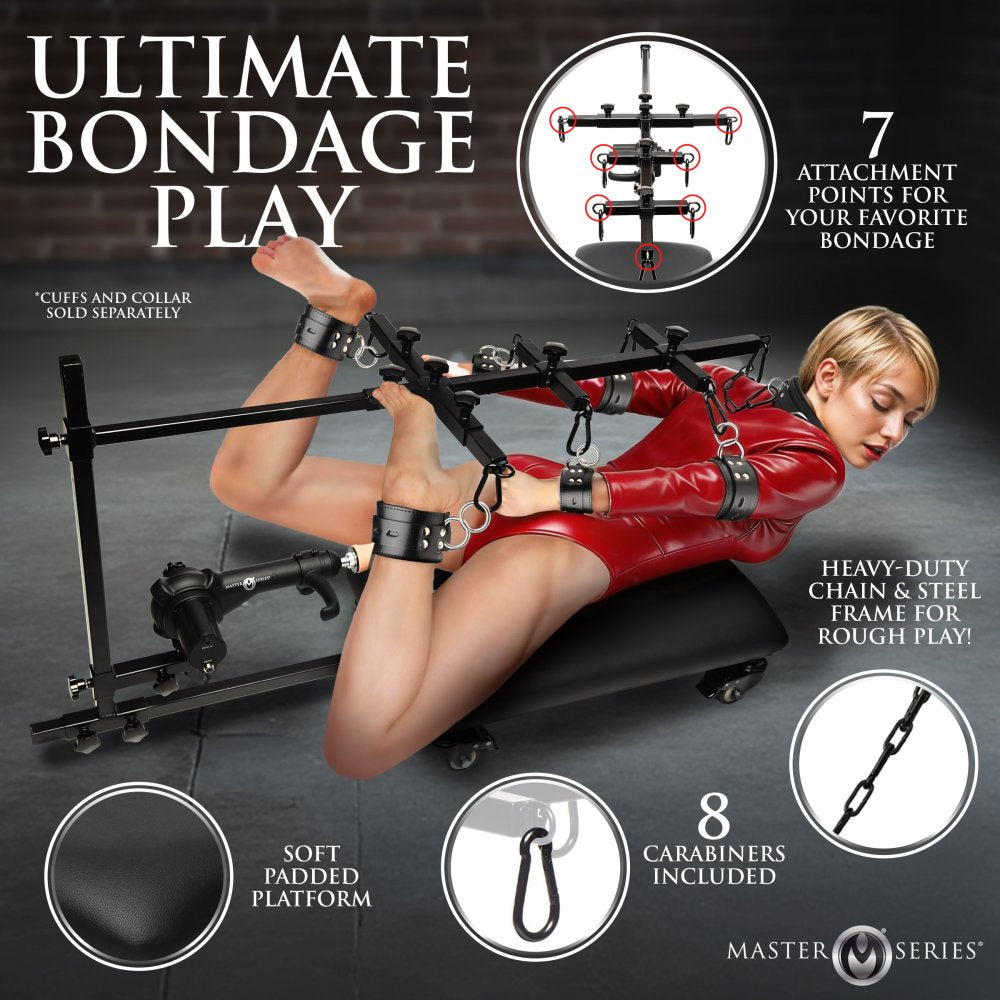 Advertisement for a bondage play setup with a person in red attire, featuring attachment points and product features.