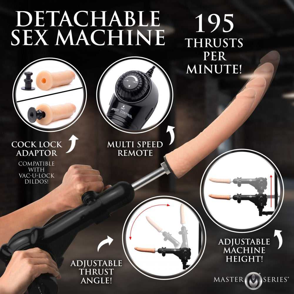 Detachable sex machine with features highlighted on a dark background