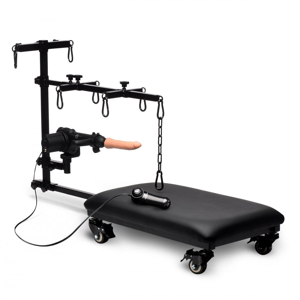 Black Pilates reformer machine on a white background
