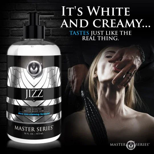 Bottle of Master Series Jizz product with a dark background and text.