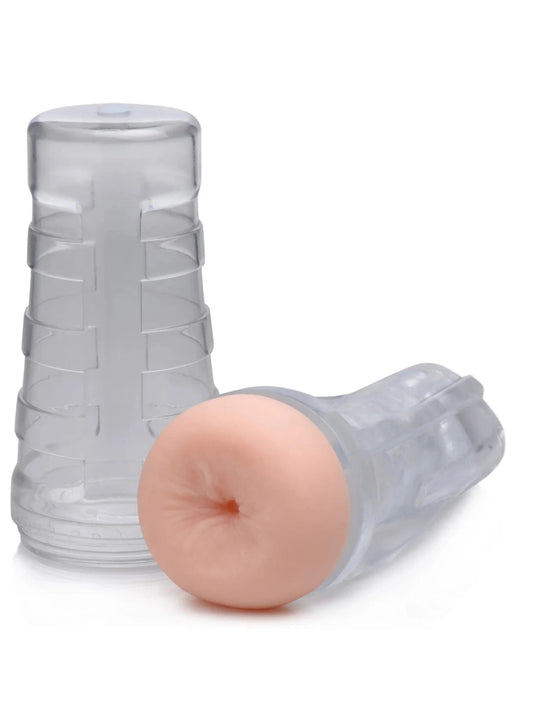Clear plastic bottle with a pink cap on a white background