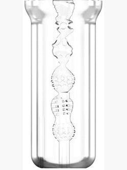 Clear glass hourglass with intricate design on a white background