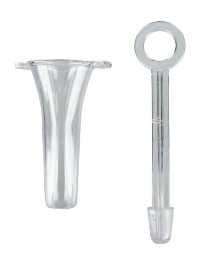 Two clear plastic tent stakes on a white background