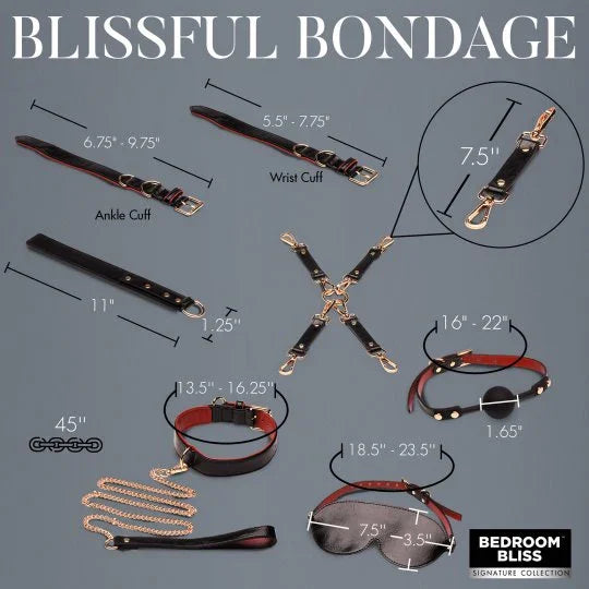 Collection of bondage accessories with measurements on a gray background, featuring 'Bedroom Bliss' brand.