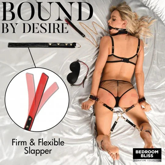 Promotional image of a woman in lingerie with bondage equipment and 'Bound by Desire' branding.