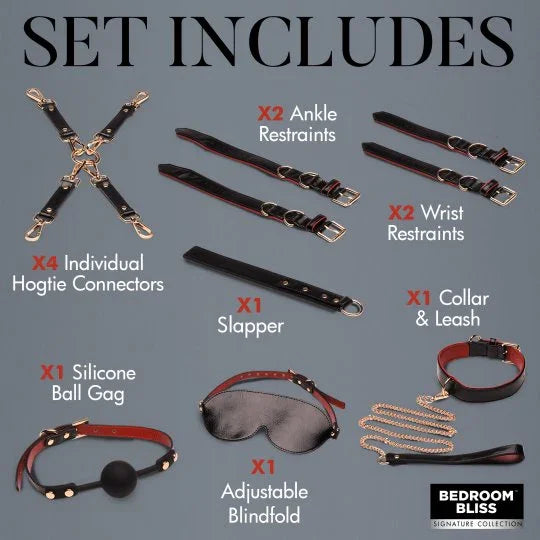 Collection of bondage accessories with labels on a gray background, featuring 'Bedroom Bliss' brand.