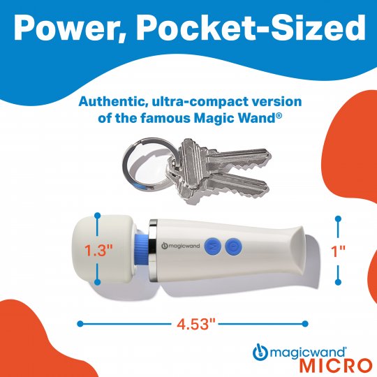Ultra-compact Magic Wand device with keys for scale, featuring 'Power, Pocket-Sized' text.