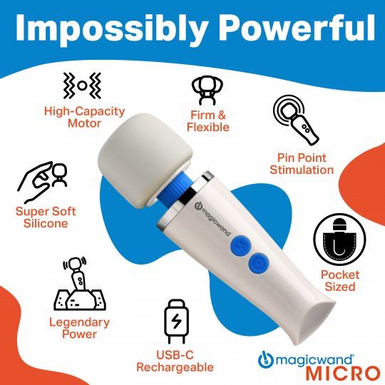White handheld device with blue accents on a colorful background, featuring Magic Wand branding.
