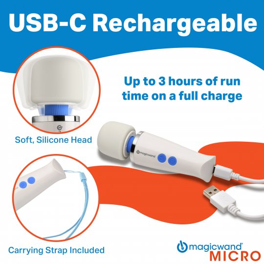 USB-C rechargeable device with soft silicone head and carrying strap, featuring Magic Wand Micro branding.