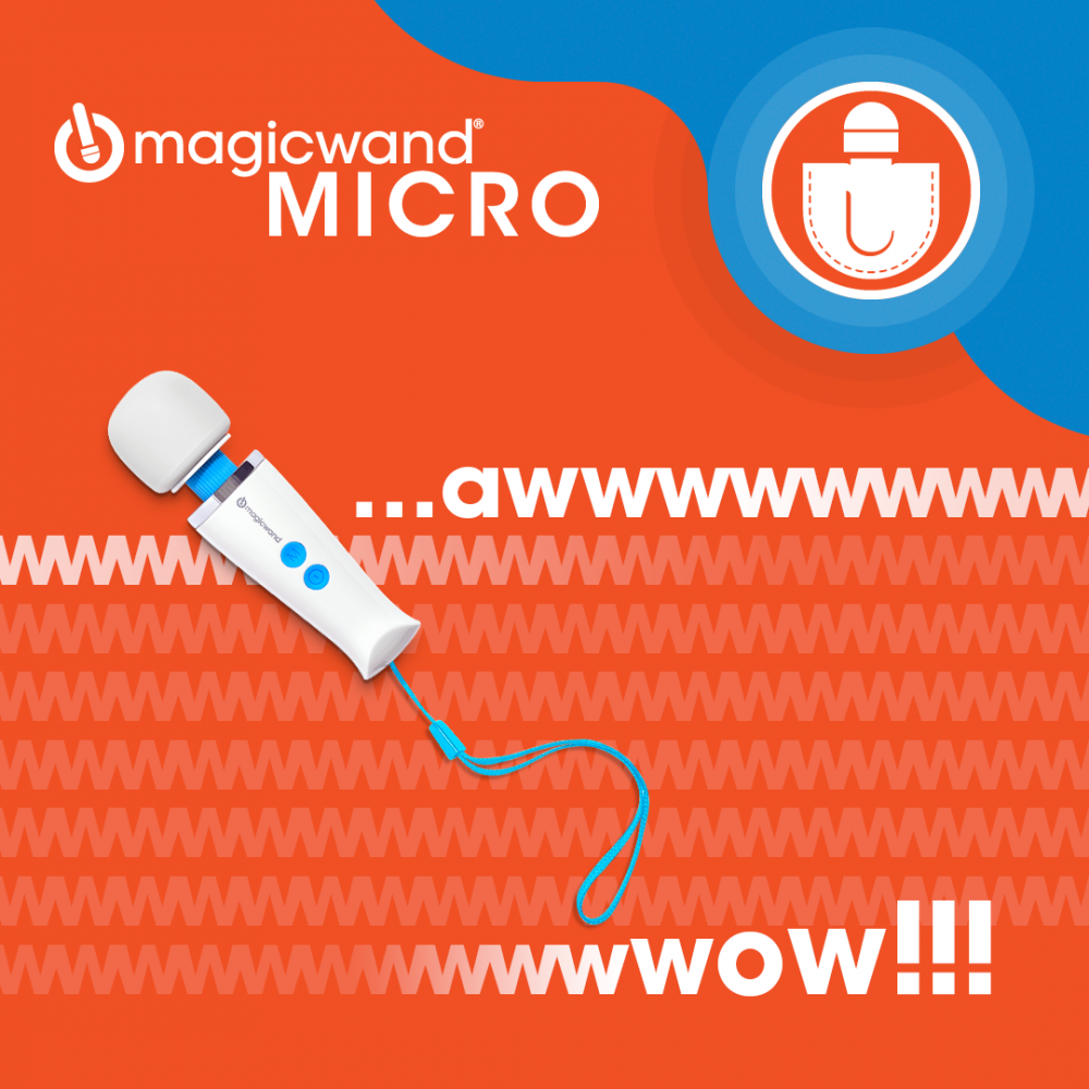 Magic Wand Micro product on an orange background with text and branding elements.