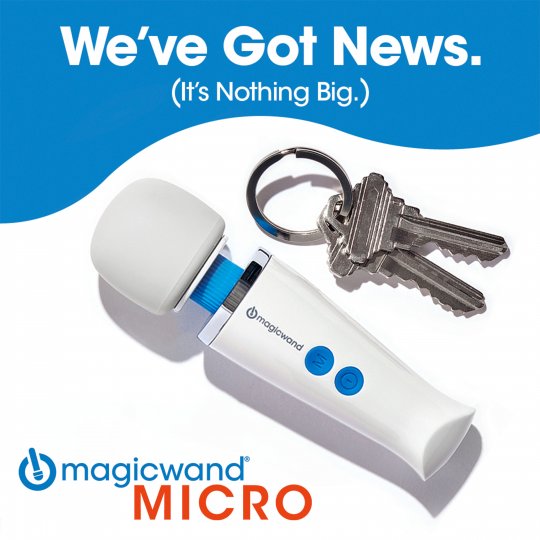 White and blue device with keys on a blue and white background, featuring the 'magicwand MICRO' branding.