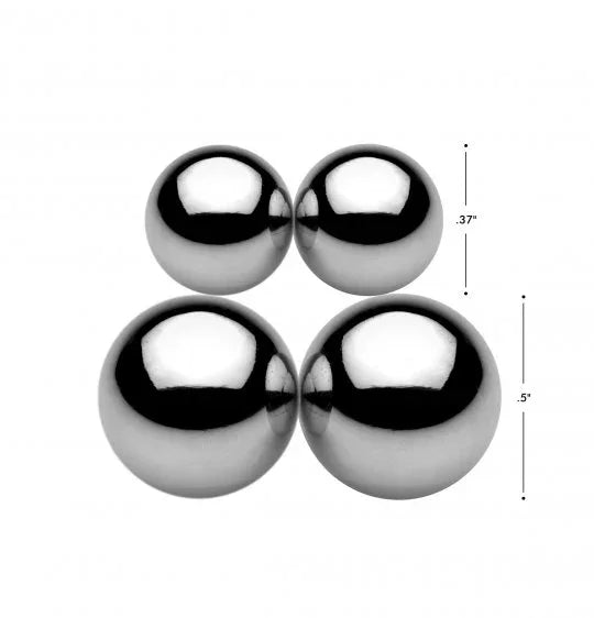 Four metallic balls with measurements on a white background