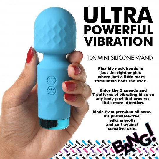Blue silicone wand held by a hand with red nail polish, labeled 'Ultra Powerful Vibration' and '10X Mini Silicone Wand'.