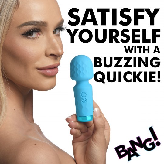 Woman holding a blue handheld device with text promoting self-satisfaction.