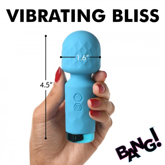 Blue handheld vibrator held by a hand with red nail polish, labeled 'Vibrating Bliss' and 'Bang!' on a white background.