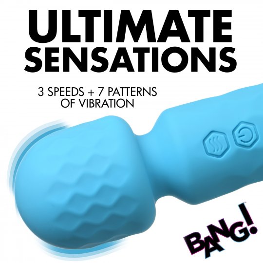 Blue handheld vibrator with text 'Ultimate Sensations' and 'Bang!' on a white background