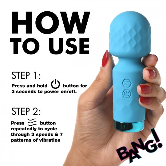 Blue handheld vibrator with user instructions and 'Bang!' branding on a white background