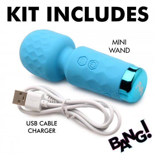 Blue mini wand with USB cable and charger on a white background, featuring 'Bang!' branding.