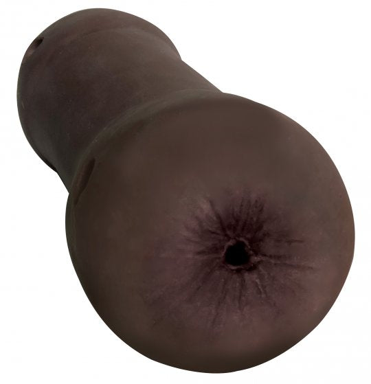 Dark brown silicone butt plug on a white background