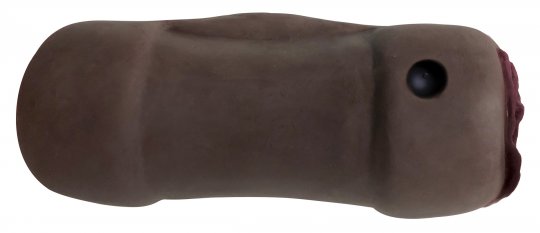 Brown dog toy with a black ball on a white background