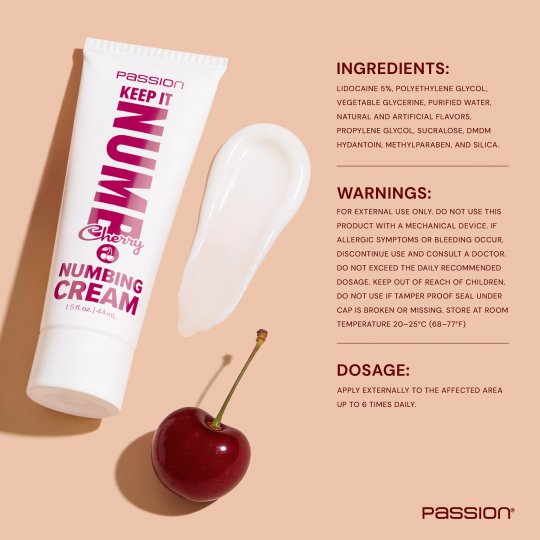 Numbing cream packaging with cherry and ingredient, warning, and dosage information on a beige background