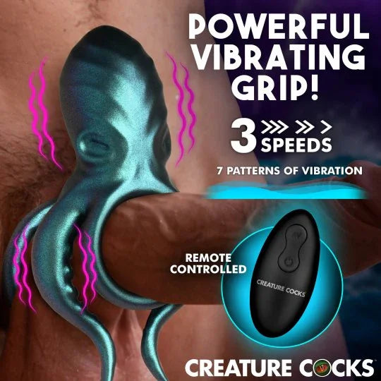 Teal octopus-shaped remote-controlled vibrator with text on speeds and patterns of vibration.