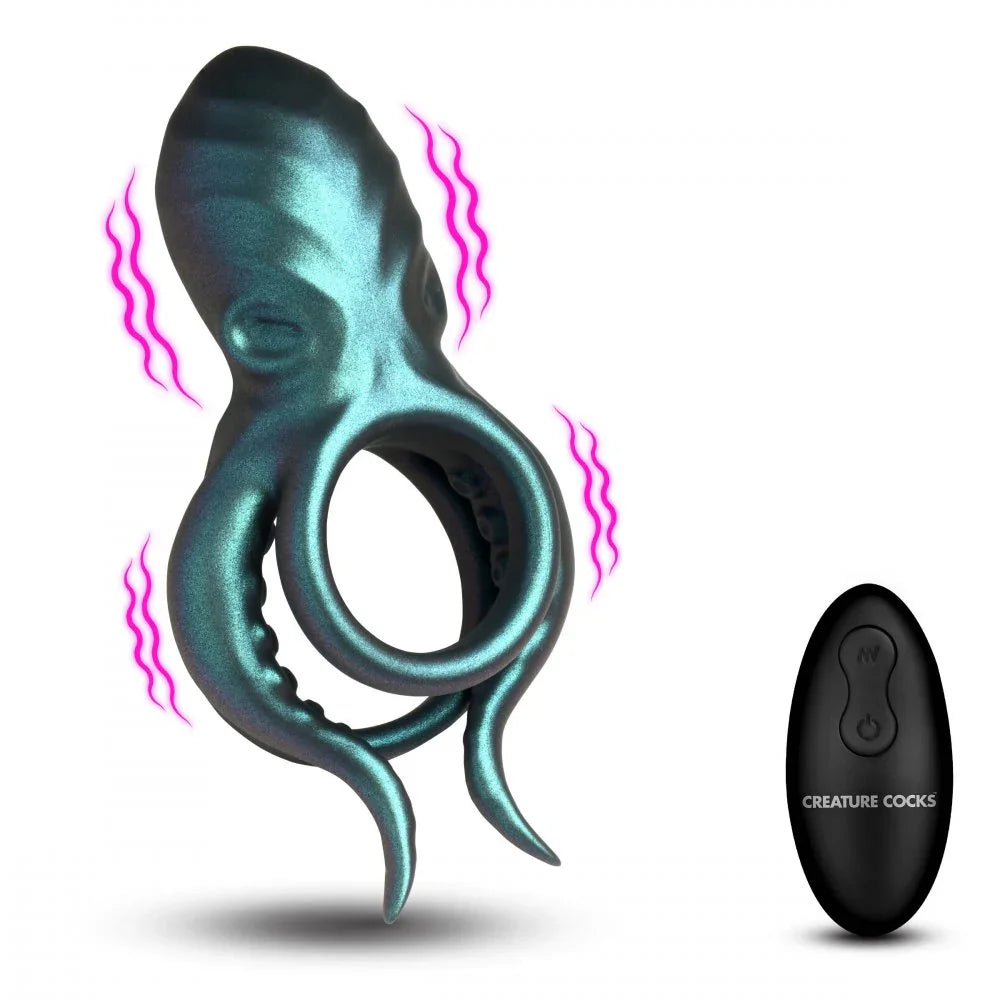 Teal octopus-shaped object with pink energy lines and a black device labeled 'Creature Cocks' on a white background.