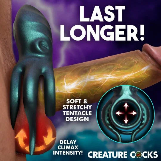 Product advertisement for 'Last Longer!' with a tentacle design on a purple background.