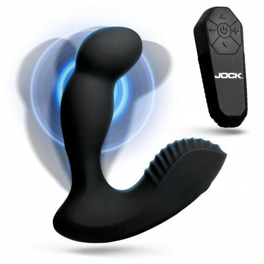 Black electronic device with remote control on a white background