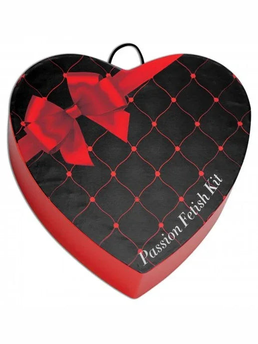 Heart-shaped box with red bow and 'Passion Fish Kit' text on a white background