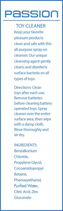 A clear plastic spray bottle of Passion Toy Cleaner with a white spray top and a white label featuring blue text and a blue bubble graphic, set against a plain white background.