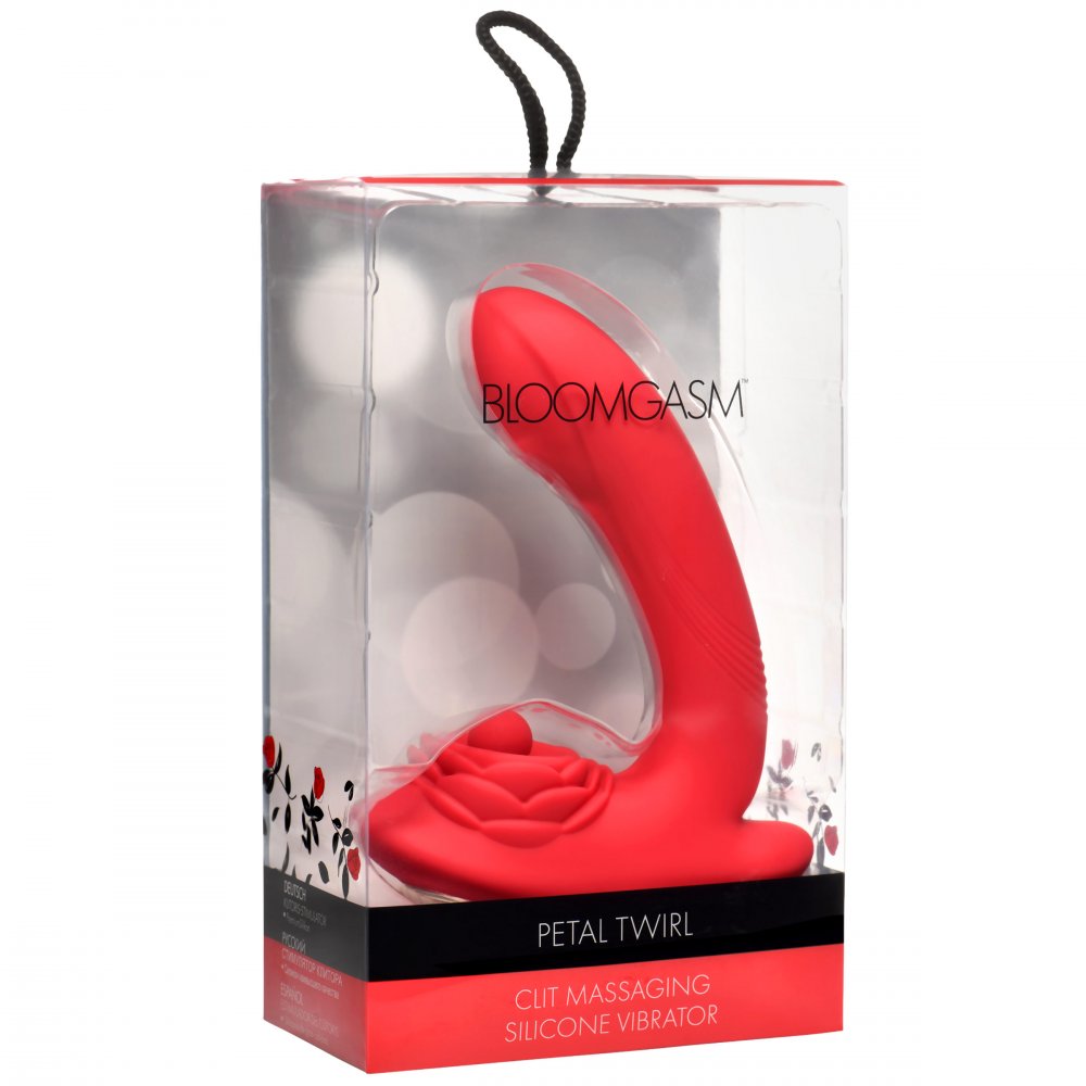 Red silicone vibrator in clear packaging with 'Bloomgasm' branding on a white background