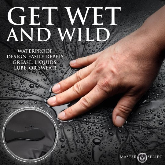 Hand touching a waterproof surface with text 'Get Wet and Wild' and product branding.
