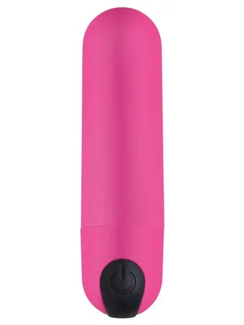 Pink cylindrical object with a black power button on a white background